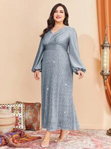 Modelyn Plus Lantern Sleeve Sequin Dress - Blue - View 6