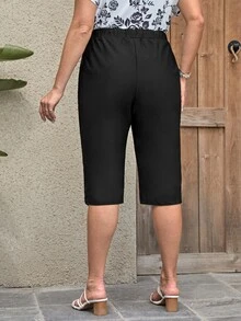 EMERY ROSE Pantalones capri de cintura con cordón con bolsillo oblicuo bajo con abertura - Negro - Ver 2