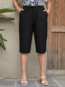 EMERY ROSE Pantalones capri de cintura con cordón con bolsillo oblicuo bajo con abertura - Negro - Ver 3