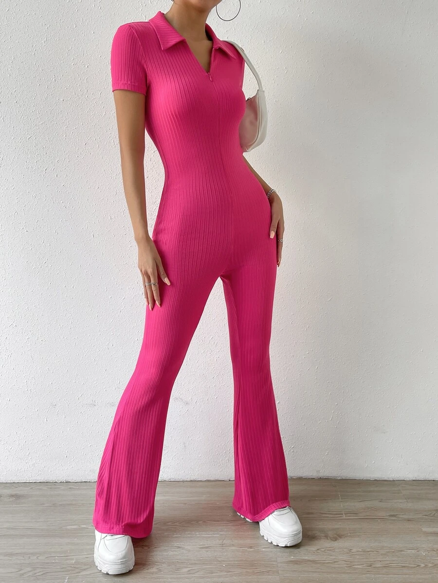 SHEIN EZwear Ribbed Knit Flare Leg Jumpsuit
