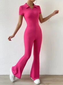 SHEIN EZwear Ribbed Knit Flare Leg Jumpsuit