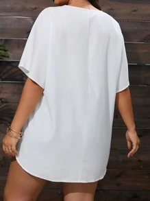 SHEIN LUNE 大碼素色蝙蝠袖高低下擺襯衫 - 白色 - 查看 2