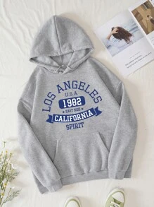 SHEIN EZwear Letter Graphic Kangaroo Pocket Drawstring Thermal Lined Hoodie - Grey - View 1