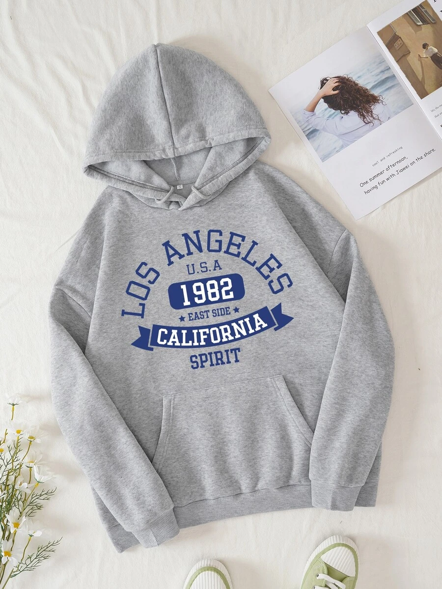 SHEIN EZwear Letter Graphic Kangaroo Pocket Drawstring Thermal Lined Hoodie - Grey - View 1