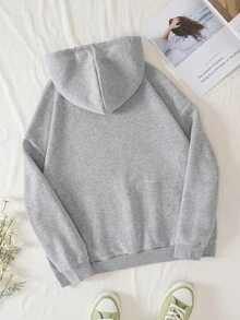 SHEIN EZwear Letter Graphic Kangaroo Pocket Drawstring Thermal Lined Hoodie - Grey - View 2