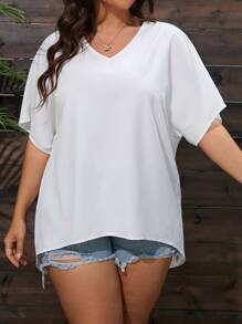 SHEIN LUNE 大碼素色蝙蝠袖高低下擺襯衫 - 白色 - 查看 4