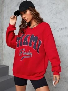 SHEIN EZwear Letter Graphic Drop Shoulder Sweatshirt - Red - View 5
