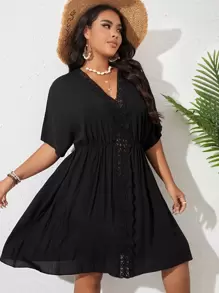 SHEIN VCAY Summer Beach Plus Contrast Lace Cover Up Dress - Black - View 4