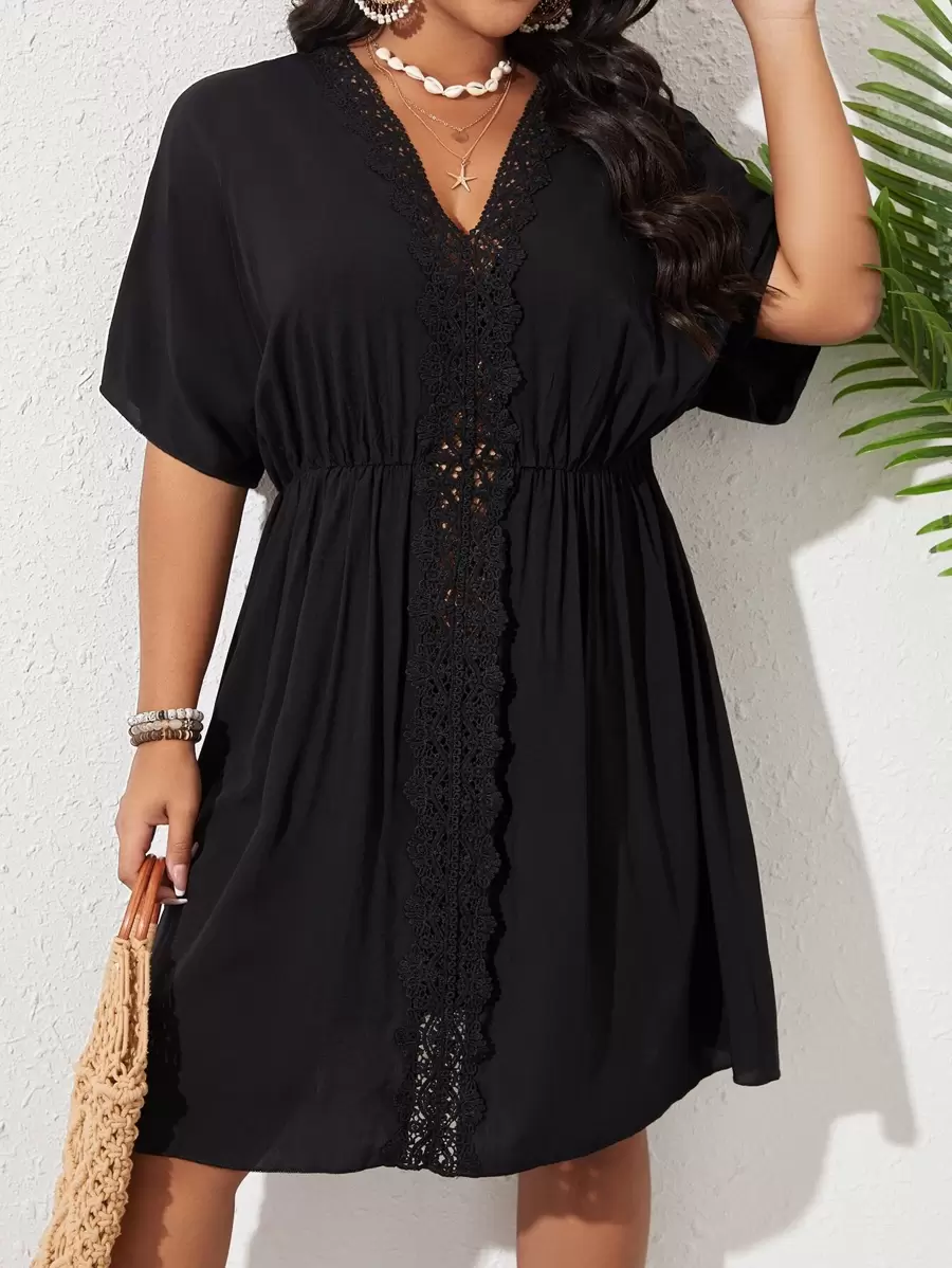 SHEIN VCAY Summer Beach Plus Contrast Lace Cover Up Dress - Black - View 1