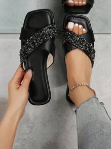 Women Rhinestone Decor Criss Cross Flat Sandals, Glamorous Slide Sandals For Summer - Black - View 1