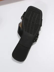 Women Rhinestone Decor Criss Cross Flat Sandals, Glamorous Slide Sandals For Summer - Black - View 4
