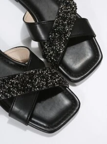 Women Rhinestone Decor Criss Cross Flat Sandals, Glamorous Slide Sandals For Summer - Black - View 5