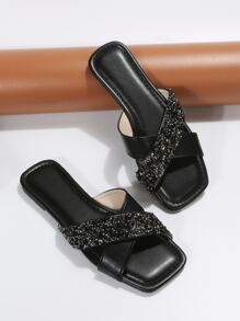 Women Rhinestone Decor Criss Cross Flat Sandals, Glamorous Slide Sandals For Summer - Black - View 6