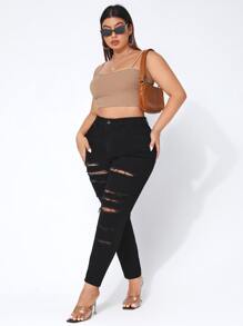 SHEIN SXY Quần Denim kích thước lớn Nút Bị tách màu trơn - màu đen - Xem 6