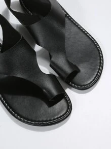 女士鉤環緊固趾環平底涼鞋夏季時尚黑色人字拖涼鞋 - 黑色 - 查看 6