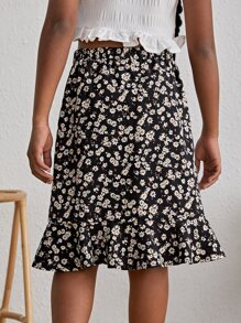 SHEIN 女孩碎花荷葉邊半身裙