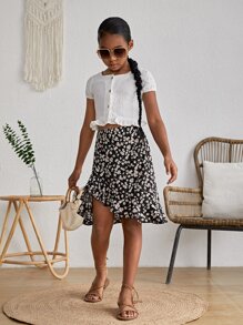 SHEIN 女孩碎花荷葉邊半身裙