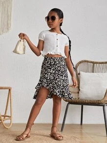 SHEIN 女孩碎花荷葉邊半身裙