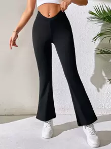 SHEIN PETITE Solid Flare Leg Trousers - Black - View 1