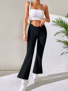 SHEIN PETITE Solid Flare Leg Trousers - Black - View 4