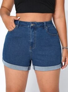 SHEIN EZwear Quần short denim oversized Nút Túi Dây kéo màu trơn - Rửa trung bình - Xem 4