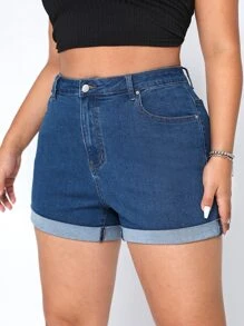 SHEIN EZwear Quần short denim oversized Nút Túi Dây kéo màu trơn - Rửa trung bình - Xem 1
