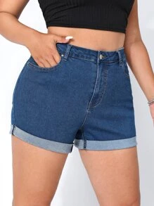 SHEIN EZwear Quần short denim oversized Nút Túi Dây kéo màu trơn - Rửa trung bình - Xem 5