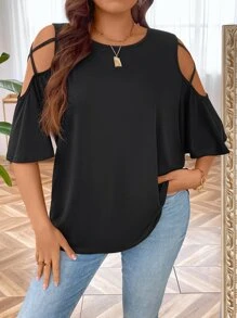 SHEIN LUNE Plus Cold Shoulder Criss Cross Detail Tee - Black - View 1