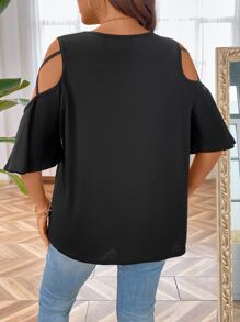 SHEIN LUNE Plus Cold Shoulder Criss Cross Detail Tee - Black - View 2