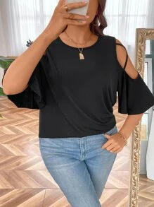 SHEIN LUNE Plus Cold Shoulder Criss Cross Detail Tee - Black - View 3
