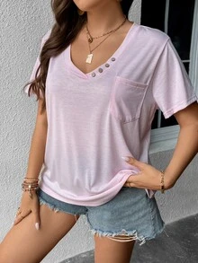 SHEIN LUNE Camiseta con diseño de botón con parche de bolsillo - Rosa Pálido - Ver 4