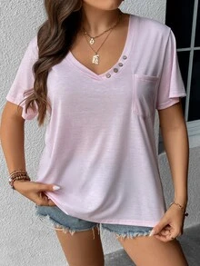 SHEIN LUNE Camiseta con diseño de botón con parche de bolsillo - Rosa Pálido - Ver 5