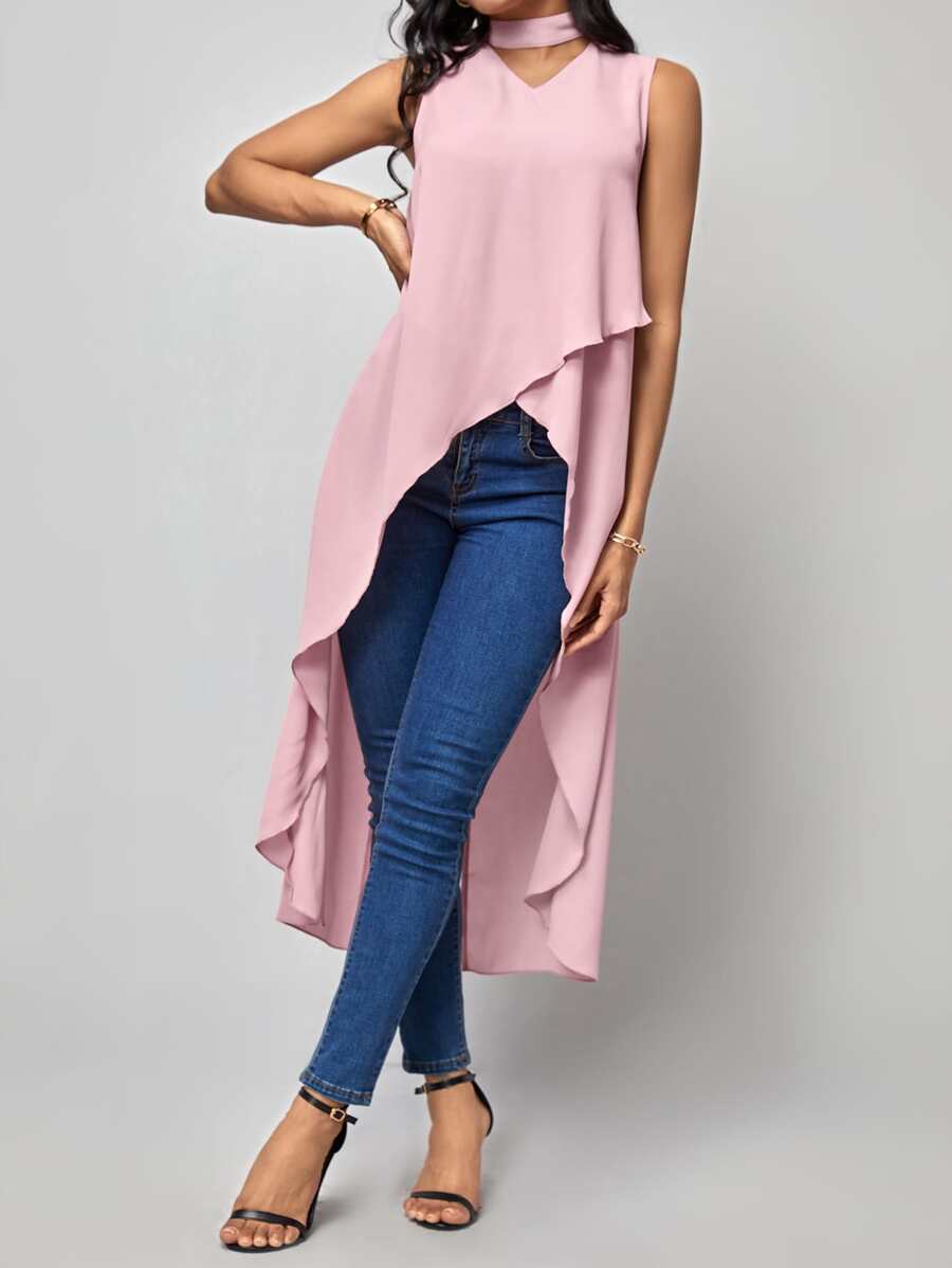 SHEIN Clasi Áo sơ mi nữ Cao thấp Chia Trọn gói màu trơn Giải trí - Màu Hồng baby - Xem 1