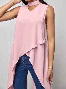 SHEIN Clasi Áo sơ mi nữ Cao thấp Chia Trọn gói màu trơn Giải trí - Màu Hồng baby - Xem 4