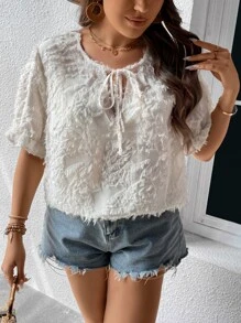 SHEIN LUNE Plus Tie Front Flounce Sleeve Fuzzy Blouse - Apricot - View 2