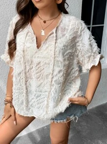 SHEIN LUNE Plus Tie Front Flounce Sleeve Fuzzy Blouse - Apricot - View 5