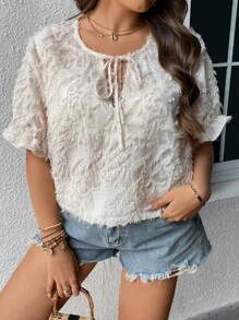 SHEIN LUNE Plus Tie Front Flounce Sleeve Fuzzy Blouse - Apricot - View 6