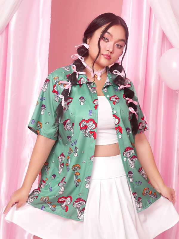 ROMWE Kawaii Plus Mushroom Print Button Front Shirt SHEIN USA