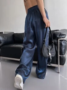 DAZY 纯色斜口袋直筒裤，女式慢跑裤 - 藏蓝色 - 查看 2