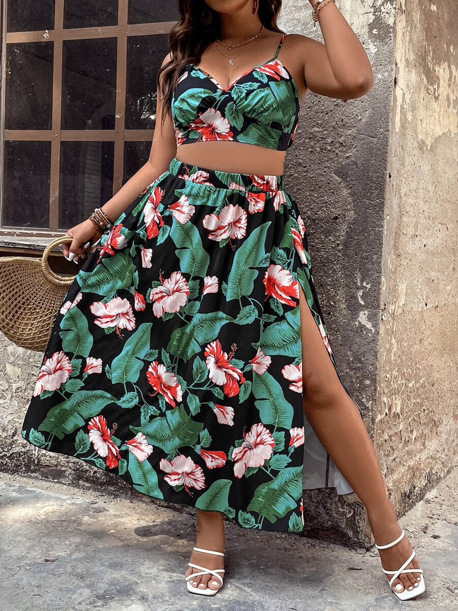 SHEIN Holidaya Plus Tropical Print Cami Top & Split Thigh Skirt - Multicolor - View 1