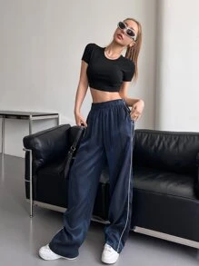 DAZY 纯色斜口袋直筒裤，女式慢跑裤 - 藏蓝色 - 查看 4