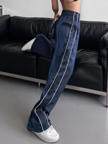 DAZY 纯色斜口袋直筒裤，女式慢跑裤 - 藏蓝色 - 查看 5