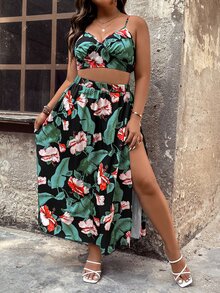 SHEIN Holidaya Plus Tropical Print Cami Top & Split Thigh Skirt - Multicolor - View 4