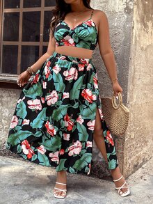 SHEIN Holidaya Plus Tropical Print Cami Top & Split Thigh Skirt - Multicolor - View 5