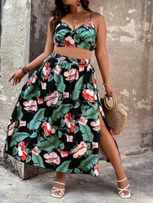 SHEIN Holidaya Plus Tropical Print Cami Top & Split Thigh Skirt - Multicolor - View 6