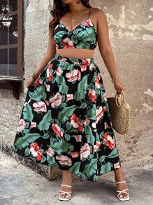 SHEIN Holidaya Plus Tropical Print Cami Top & Split Thigh Skirt - Multicolor - View 7