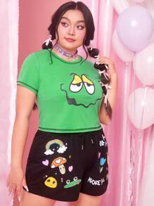 ROMWE Kawaii Plus Cartoon Graphic Tee - Green - View 5