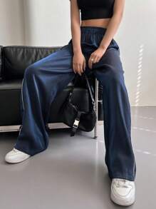DAZY 纯色斜口袋直筒裤，女式慢跑裤 - 藏蓝色 - 查看 7