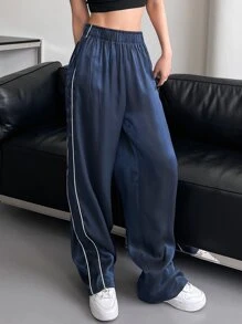 DAZY 纯色斜口袋直筒裤，女式慢跑裤 - 藏蓝色 - 查看 9