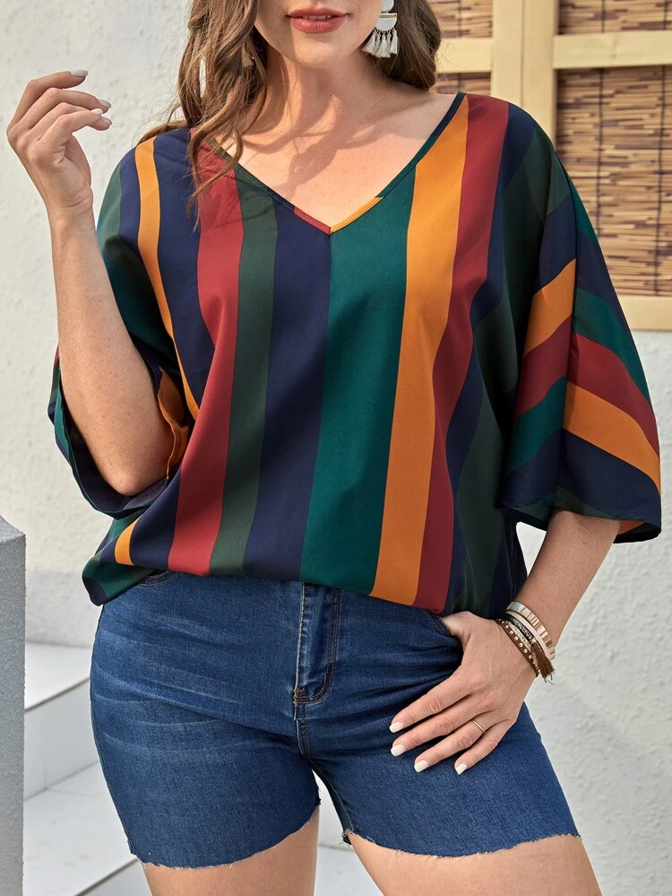 Plus Striped Print Batwing Sleeve Blouse,Flower/Spring/Summer/Vacation